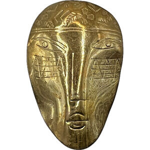 Signed ROGGIO Brass FACE BROOCH Hand Crafted Artisan Unique Costume Jewelry